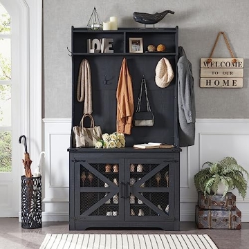 JXQTLINGMU Stylish Farmhouse Entryway Bench With Coat Rack