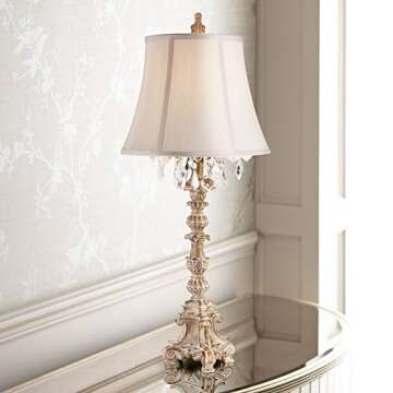 Barnes and Ivy Duval French Country Cottage Table Lamp 34" Tall Crystal Distressed Antique White Can...