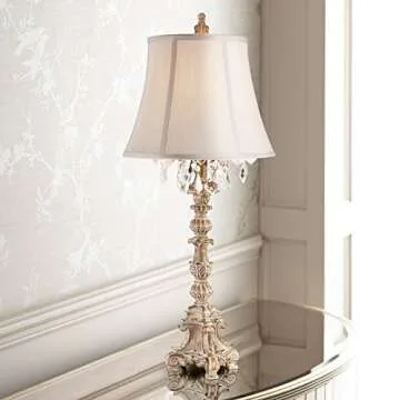 Barnes and Ivy Duval French Country Cottage Table Lamp 34" Tall Crystal Distressed Antique White Can...
