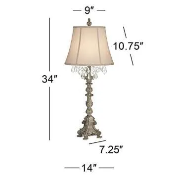 Barnes and Ivy Duval French Country Cottage Table Lamp 34" Tall Crystal Distressed Antique White Candlestick Beige Bell Shade Decor for Living Room House Bedside Nightstand Home Office Family