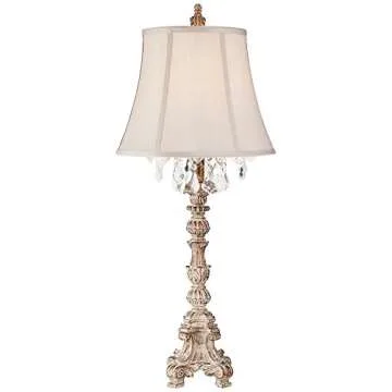 Barnes and Ivy Duval French Country Cottage Table Lamp 34" Tall Crystal Distressed Antique White Candlestick Beige Bell Shade Decor for Living Room House Bedside Nightstand Home Office Family