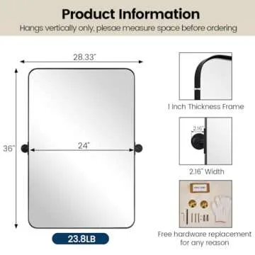MOON MIRROR 24"x36" Matte Black Pivot Mirror for Bathroom, Metal Frame Bathroom Mirrors for Wall，Rectangle Titling Vanity Wall Mirror with Rounded Corner Hangs Vertical(Overall 27.75" x 36")