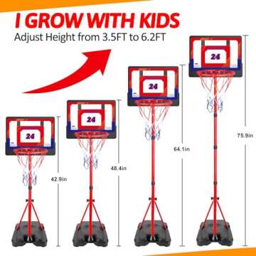 Kids Basketball Hoop Adjustable Height 3.5 ft-6.2 ft Indoor & Outdoor Portable Toddler Basketball Go...