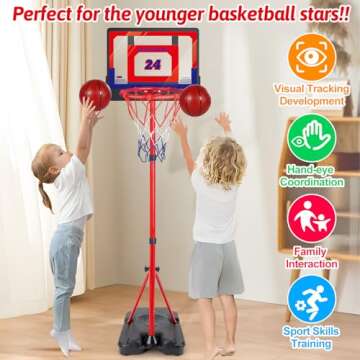 Kids Basketball Hoop Adjustable Height 3.5 ft-6.2 ft Indoor & Outdoor Portable Toddler Basketball Goal with Ball Pump Yard Games Coolest Toys for Boy Girl Age 2-4-6-8 First Gift Playset