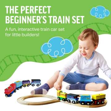 12 Wooden Train Cars, 1 Bonus Crane, 4 Connectors, Locomotive Tank Engines and Wagons for Toy Train Tracks, Compatible with Thomas Wood Toy Railroad Set