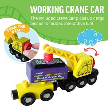 12 Wooden Train Cars, 1 Bonus Crane, 4 Connectors, Locomotive Tank Engines and Wagons for Toy Train Tracks, Compatible with Thomas Wood Toy Railroad Set