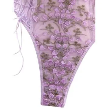 Lilosy Women Sexy Lace Up Floral Embroidered Teddy Babydoll Lingerie Bodysuit Top Mesh Sheer One Piece See Through Lavender Light Purple Medium