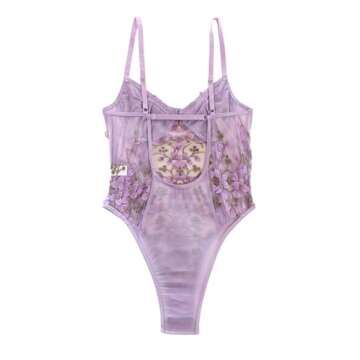 Lilosy Women Sexy Lace Up Floral Embroidered Teddy Babydoll Lingerie Bodysuit Top Mesh Sheer One Piece See Through Lavender Light Purple Medium