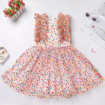 IMEKIS 5th 6th Birthday Girl Outfit: Cake Smash Toddler Confetti Dots Dress Kids Princess Graduation Easter Dress Tea Party Wedding Formal Pageant Tulle Gown Photoshoot Rainbow Dots 5-6 Years