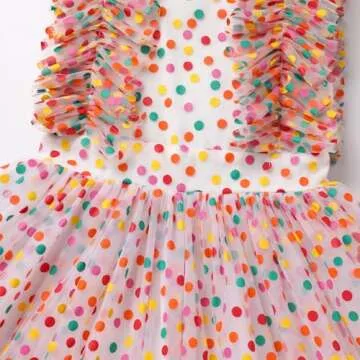 IMEKIS 5th 6th Birthday Girl Outfit: Cake Smash Toddler Confetti Dots Dress Kids Princess Graduation Easter Dress Tea Party Wedding Formal Pageant Tulle Gown Photoshoot Rainbow Dots 5-6 Years