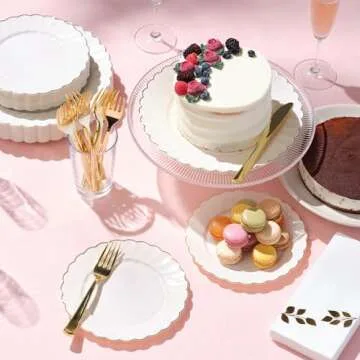 By Madee HIGH END 100 Pc Ivory Scalloped Plastic Plates with Gold Trim - 50 Dinner & 50 Dessert Fancy Disposable Plates for Party - Stunning & Elegant Table Setting for Any Occasions (50 Guests)