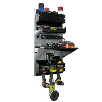 Wall Control Power Tool Storage Organizer Kit Cordless Drill Holder Charging Station Rack 16” x 32” Metal Pegboard Organization System (Metallic Pegboard)