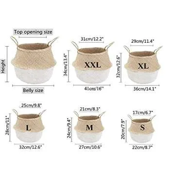 Foldable Small White Bottom Seagrass Belly Basket with Handles for Storage, Nursery Laundry Tote Beach Bag Plant Pots Cover Indoor Decorative