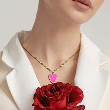 Heart Necklaces for Women,14K Gold Plated Trendy Preppy Jewelry Hot Pink Necklace,Cute Gold Dainty Necklace for Women Girls 16+2 Inches (Yellow)