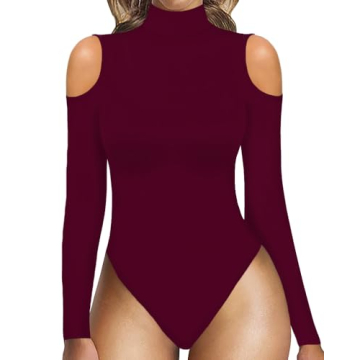 MANGOPOP Long Sleeve Body Suits for Womens Turtleneck Bodysuit Going Out Tops with Sexy Shoulder Cut...