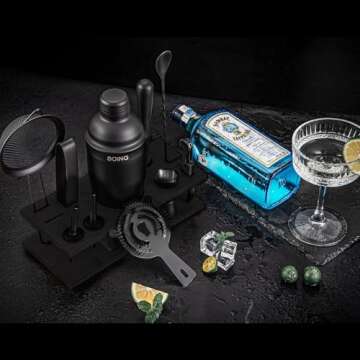 SOING 11-Piece Mixology Bartender Kit with Stand,Bar Kit Cocktail Shaker Set with All Essential Accessories:Martini Shaker,Spoon,Muddler,Strainer,Jigger,Tongs,Liquor Pourers