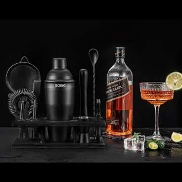 SOING 11-Piece Mixology Bartender Kit with Stand,Bar Kit Cocktail Shaker Set with All Essential Accessories:Martini Shaker,Spoon,Muddler,Strainer,Jigger,Tongs,Liquor Pourers