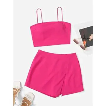 Verdusa Women's 2 Piece Outfit Crop Cami Top and Asymmetrical Shorts Sets Hot Pink M