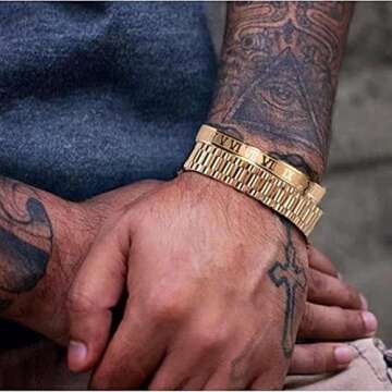 Jarlinwel Gold Silver Plated Bracelets for Men Women Roman Numeral Bangle Bracelet Stainless Steel Personalized Engraved Unisex Gift (2 Pcs Strap Bracelet)