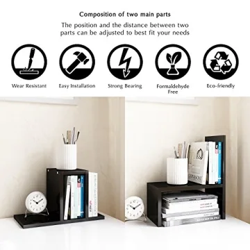 Jerry & Maggie Desktop Organizer Office Storage Rack Adjustable Wood Display Shelf | Birthday Gifts Toy Home Decor Free Style Rotation Display True Natural Stand Shelf (Black)