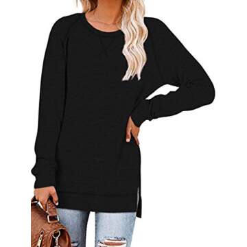 TEMOFON Women's Shirts Long Sleeve Casual Split Loose Fall Tunic Tops Black M