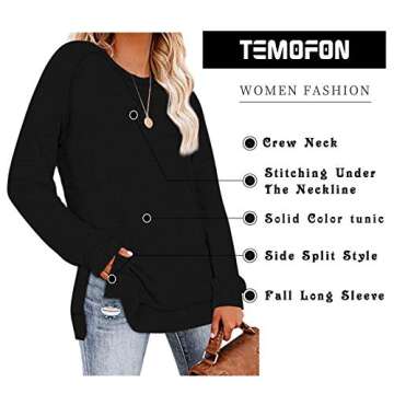 TEMOFON Women's Shirts Long Sleeve Casual Split Loose Fall Tunic Tops Black M