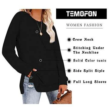 TEMOFON Women's Shirts Long Sleeve Casual Split Loose Fall Tunic Tops Black M