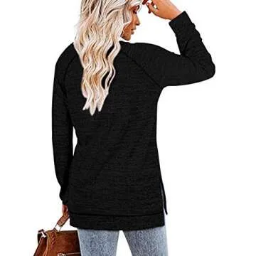 TEMOFON Women's Shirts Long Sleeve Casual Split Loose Fall Tunic Tops Black M