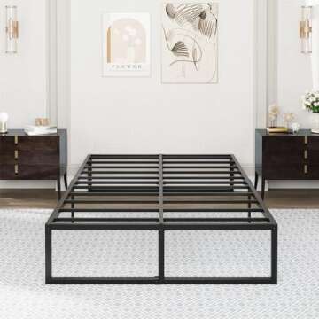 Richwanone 16 Inch Queen Bed Frame with Fabric Cover, Metal Platform Mattress Foundation with Steel Slat Support, No Box Spring Needed, Easy Assembly, Black