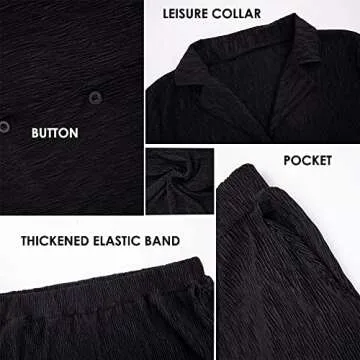 KEYUFANG Women 2 Piece Pleated Outfits Trendy Short Sleeve Summer Shirt Wide Leg Casual Pants 90s Solid Suit Black