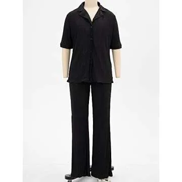 KEYUFANG Women 2 Piece Pleated Outfits Trendy Short Sleeve Summer Shirt Wide Leg Casual Pants 90s Solid Suit Black