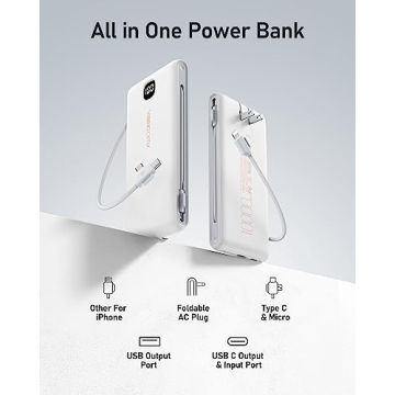 VEEKTOMX Portable Charger with Built in Cables 10000mAh, Power Bank for iPhone with Wall Plug, Travel Essential Fast Charging USB C Slim External Battery Pack for iPhone16/15/14, Samsung, iPad, etc