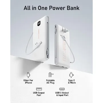 VEEKTOMX Portable Charger with Built in Cables 10000mAh, Power Bank for iPhone with Wall Plug, Travel Essential Fast Charging USB C Slim External Battery Pack for iPhone16/15/14, Samsung, iPad, etc