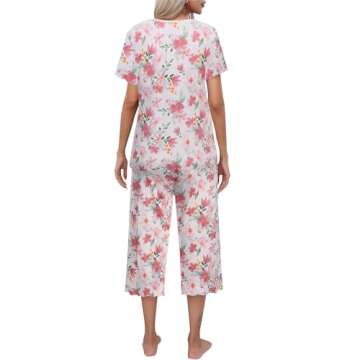 Ekouaer Women's Pajamas Set Short Sleeve Top With Capri Pants Pjs Lounge & Sleepwear SetWite/Red Flo...