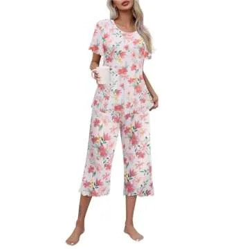 Ekouaer Women's Pajamas Set Short Sleeve Top With Capri Pants Pjs Lounge & Sleepwear SetWite/Red FlowerX-Large