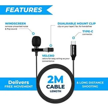 Alvoxcon Lavalier Lapel Microphone, tie Clip mic for Android Smartphone, Tablet with USB Type C Interface for Recording YouTube, Vlog, TikTok, Conference, handsfree with Easy Clip on System