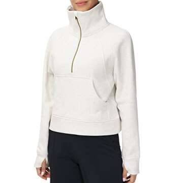 THE GYM PEOPLE Women's Half Zip Pullover Sweatshirt Fleece Stand Collar Crop Sweatshirt with Pockets Thumb Hole Off-white