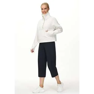 THE GYM PEOPLE Women's Half Zip Pullover Sweatshirt Fleece Stand Collar Crop Sweatshirt with Pockets Thumb Hole Off-white