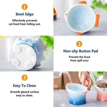 Tioncy 2 Pcs Raised Tilted Ceramic Cat Food Bowl Fish Shape Cute Elevated Slanted Shallow Angled Cat Dish Non Slip Feeder Bowl for Anti-Vomiting and Whisker Fatigue(Blue, Green)