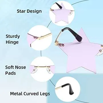 FUNUPUP Light Purple Star Shape Sunglasses Rimless Transparent Star Sun Glasses for Women and Men Party