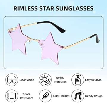 FUNUPUP Light Purple Star Shape Sunglasses Rimless Transparent Star Sun Glasses for Women and Men Party