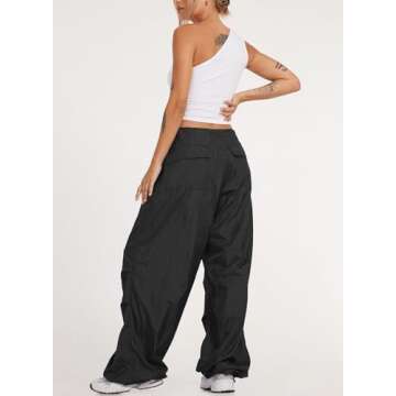 ONIRIKE Womens Parachute Pants Drawstring Elastic Low Waist Sweatpants Loose Baggy Y2K Cargo Pants Trousers with Pockets Z-Black