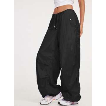 ONIRIKE Womens Parachute Pants Drawstring Elastic Low Waist Sweatpants Loose Baggy Y2K Cargo Pants Trousers with Pockets Z-Black