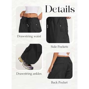 ONIRIKE Womens Parachute Pants Drawstring Elastic Low Waist Sweatpants Loose Baggy Y2K Cargo Pants Trousers with Pockets Z-Black
