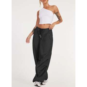 ONIRIKE Womens Parachute Pants Drawstring Elastic Low Waist Sweatpants Loose Baggy Y2K Cargo Pants Trousers with Pockets Z-Black
