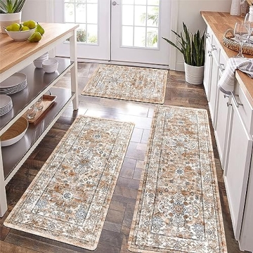 Pauwer Boho Kitchen Rugs Sets of 3 - Non Slip, Washable & Waterproof Farmhouse Decor