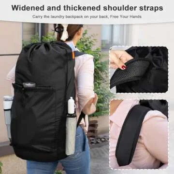 Polecasa Durable Backpack Laundry Bag with Padded Shoulder Straps, 130gsm Tear Resistant Fabric and Multi Pockets, Large Waterproof Dirty Clothes Drawstring Bag for Dorm, College,Black