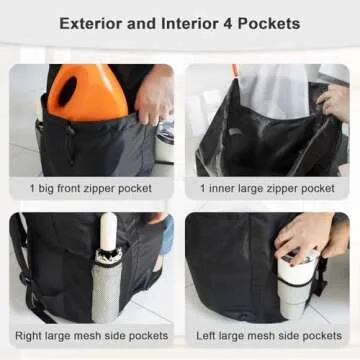 Polecasa Durable Backpack Laundry Bag with Padded Shoulder Straps, 130gsm Tear Resistant Fabric and Multi Pockets, Large Waterproof Dirty Clothes Drawstring Bag for Dorm, College,Black