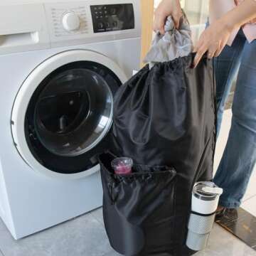 Polecasa Durable Backpack Laundry Bag with Padded Shoulder Straps, 130gsm Tear Resistant Fabric and Multi Pockets, Large Waterproof Dirty Clothes Drawstring Bag for Dorm, College,Black