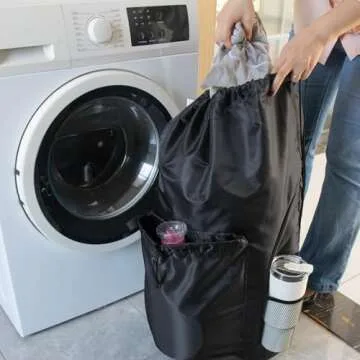 Polecasa Durable Backpack Laundry Bag with Padded Shoulder Straps, 130gsm Tear Resistant Fabric and Multi Pockets, Large Waterproof Dirty Clothes Drawstring Bag for Dorm, College,Black